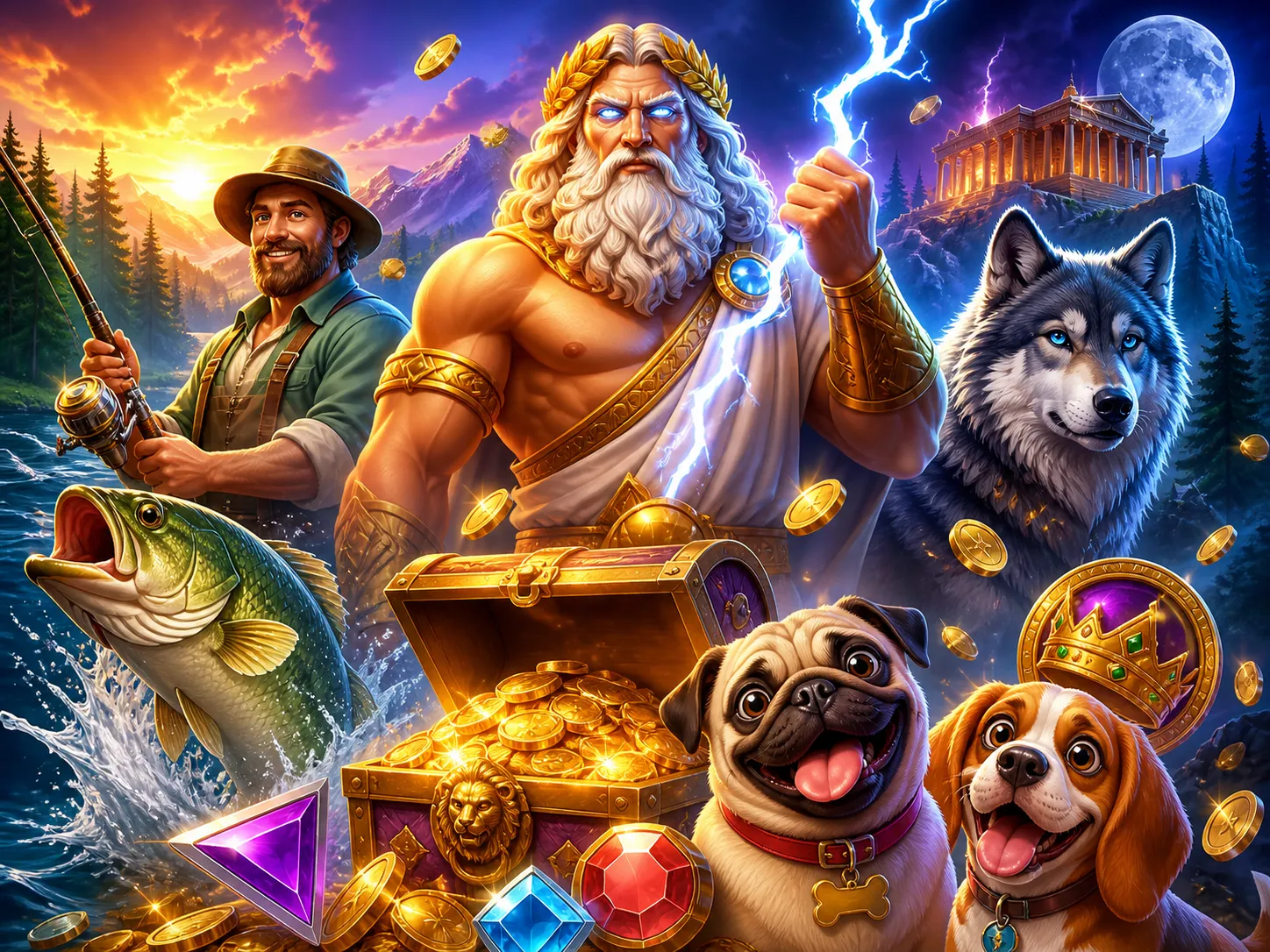Illustrative artwork featuring dynamic slot game characters and vibrant environments.
